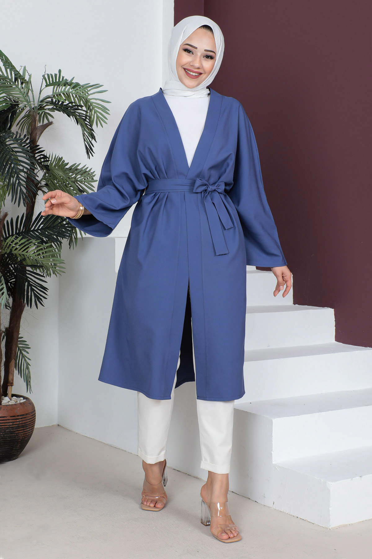Tesettür Dünyası - Beli Kuşaklı Kimono TSD230511 İndigo