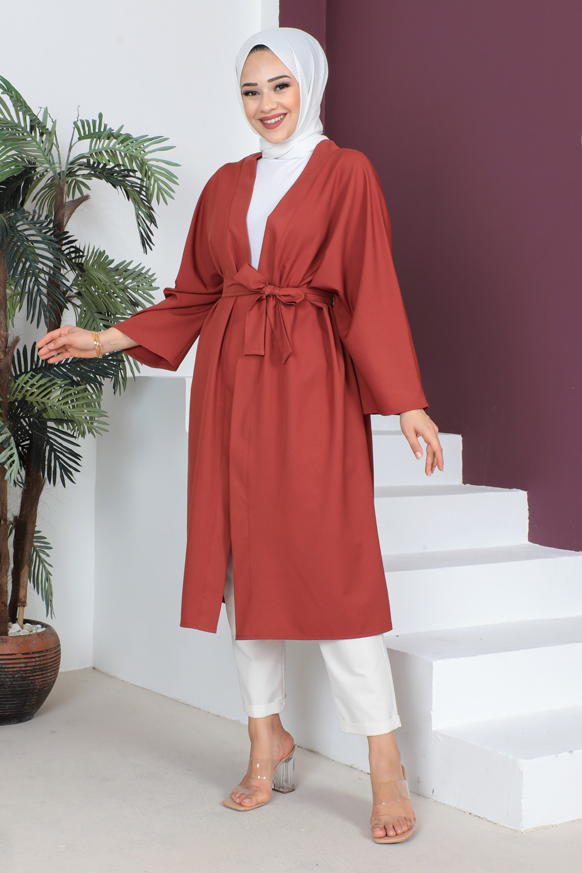 Tesettür Dünyası - Beli Kuşaklı Kimono TSD230511 Kiremit