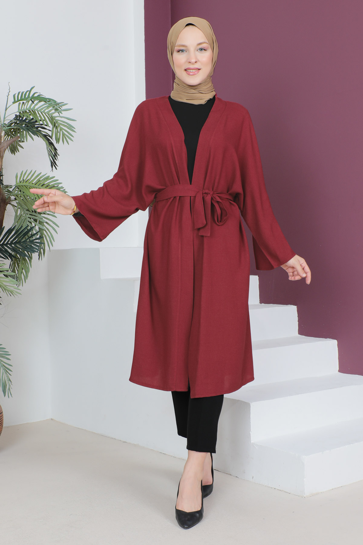 Tesettür Dünyası - Beli Kuşaklı Kimono TSD230513 Bordo
