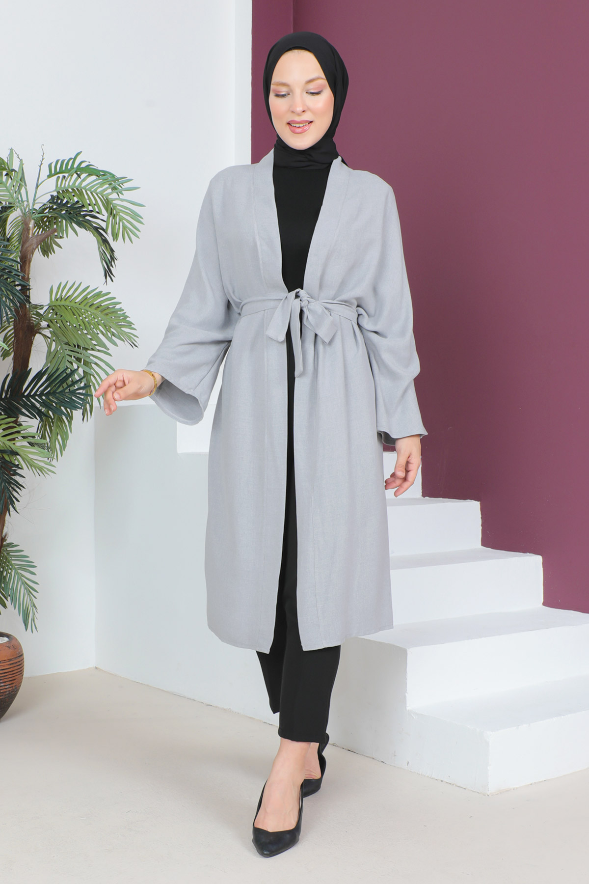 Tesettür Dünyası - Beli Kuşaklı Kimono TSD230513 Gri