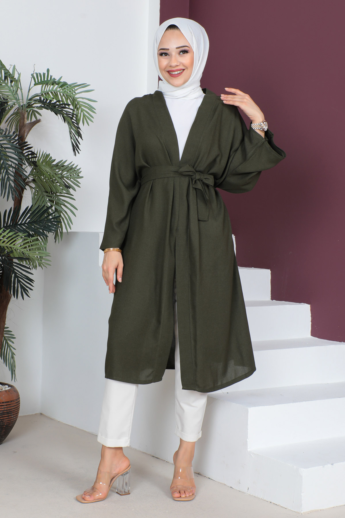 Tesettür Dünyası - Beli Kuşaklı Kimono TSD230513 Haki