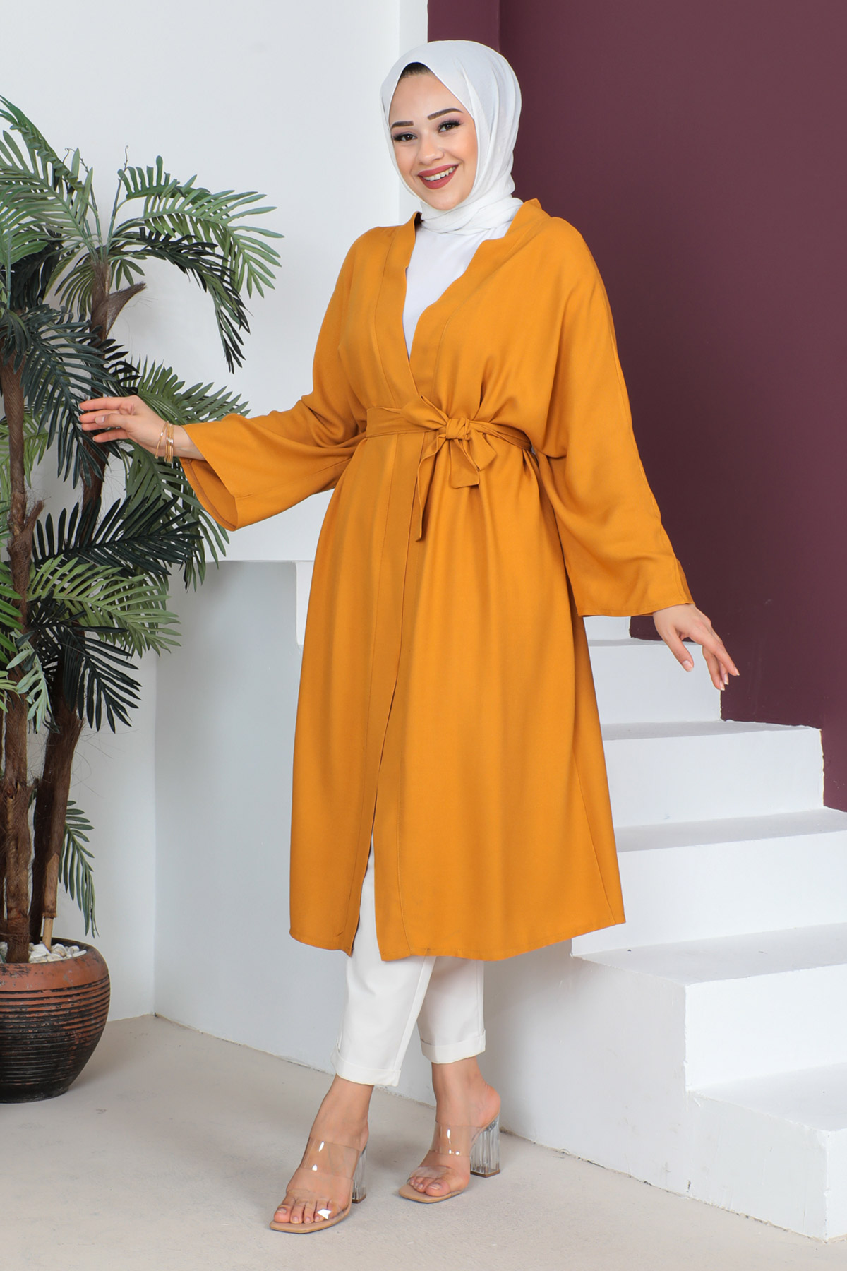Tesettür Dünyası - Beli Kuşaklı Kimono TSD230513 Hardal
