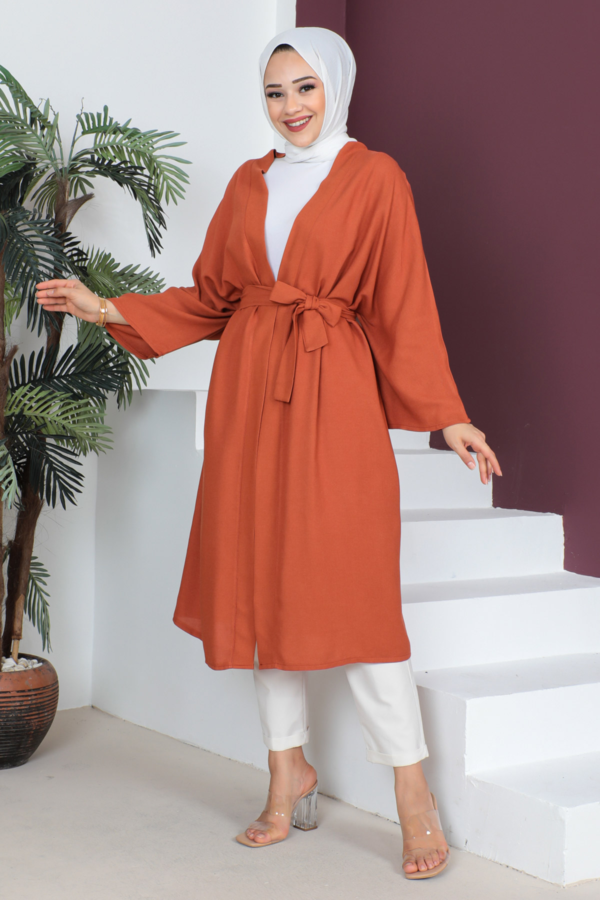 Tesettür Dünyası - Beli Kuşaklı Kimono TSD230513 Kiremit