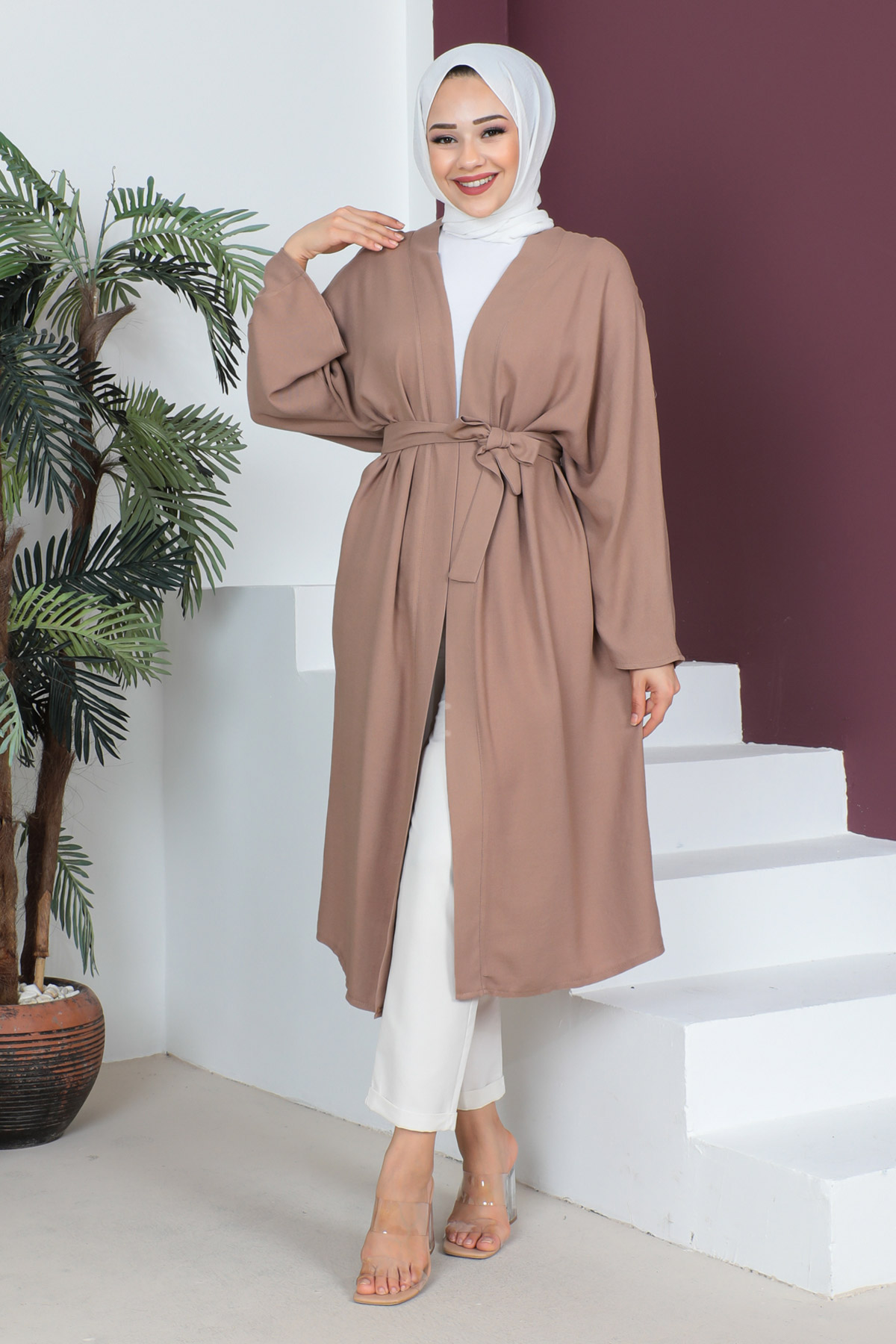 Tesettür Dünyası - Beli Kuşaklı Kimono TSD230513 Vizon