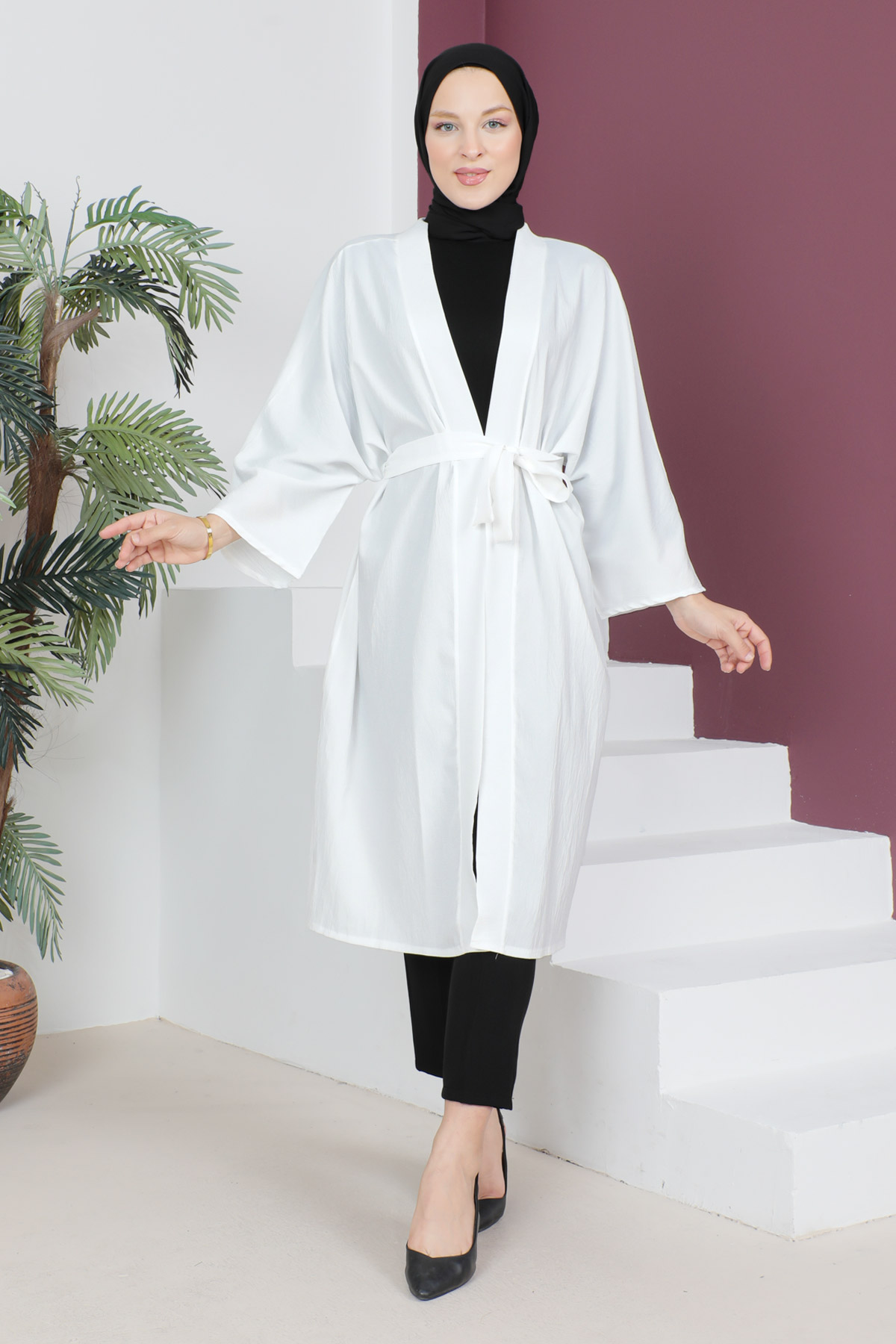 Tesettür Dünyası - Beli Kuşaklı Kimono TSD230615 Ekru