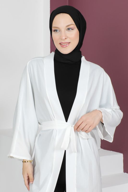Beli Kuşaklı Kimono TSD230615 Ekru - Tesettür Dünyası (1)