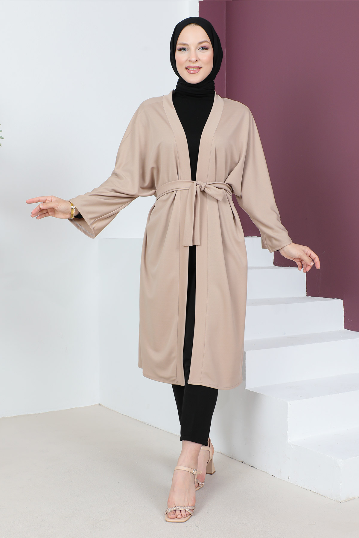 Tesettür Dünyası - Beli Kuşaklı Kimono TSD230616 Bej