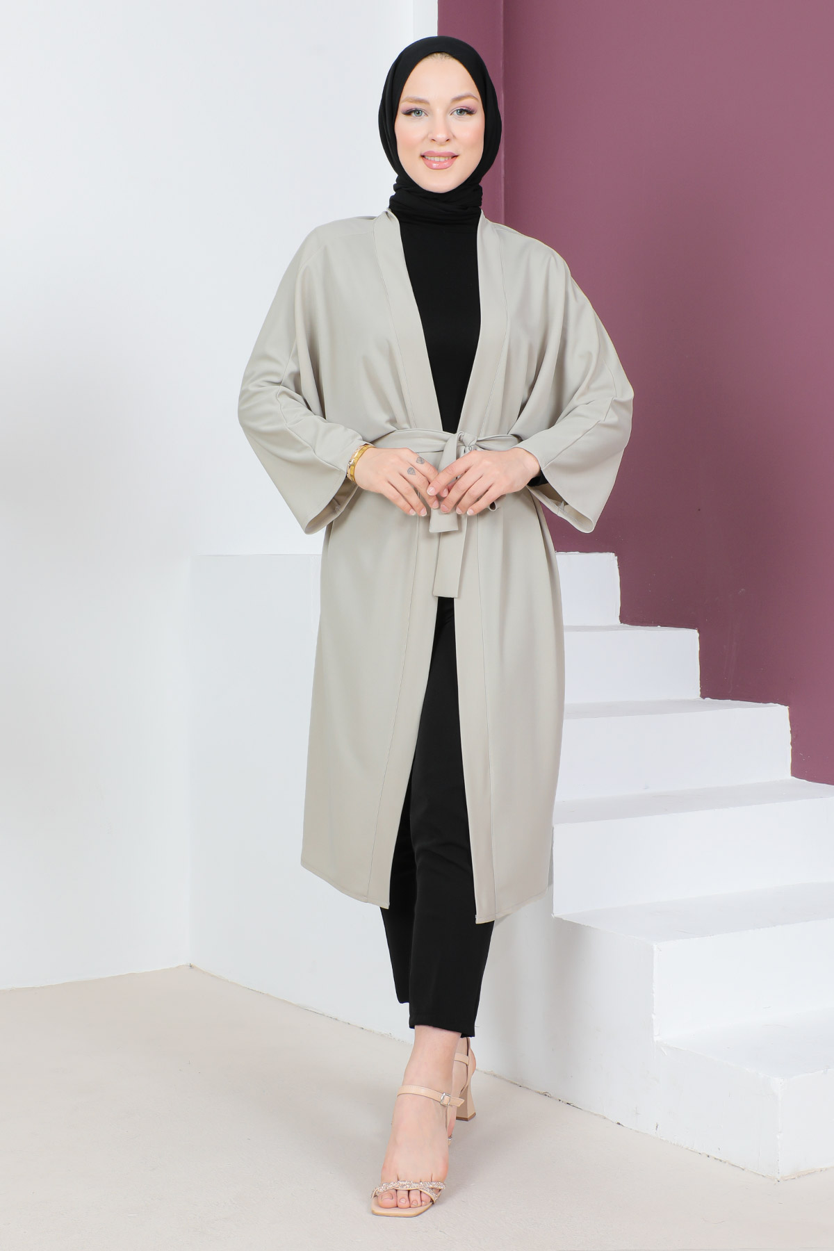 Tesettür Dünyası - Beli Kuşaklı Kimono TSD230617 Bej