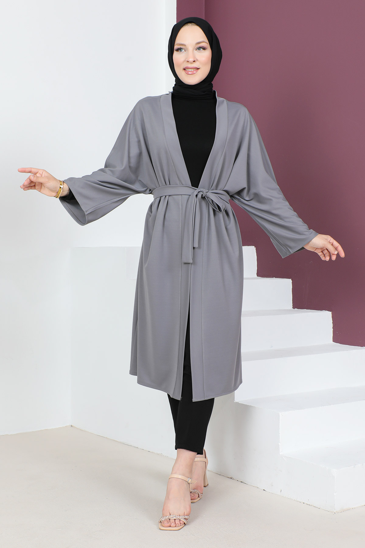 Tesettür Dünyası - Beli Kuşaklı Kimono TSD230617 Gri