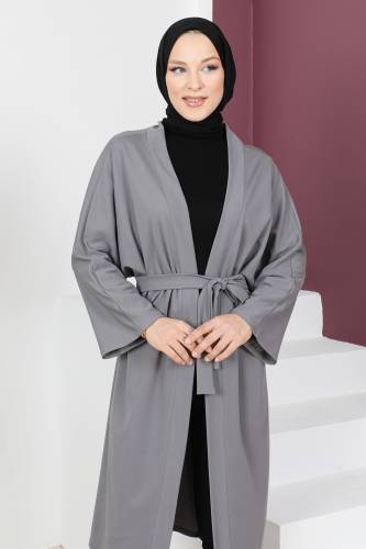 Beli Kuşaklı Kimono TSD230617 Gri - Tesettür Dünyası (1)
