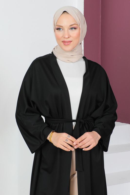 Beli Kuşaklı Kimono TSD230617 Siyah - Tesettür Dünyası (1)