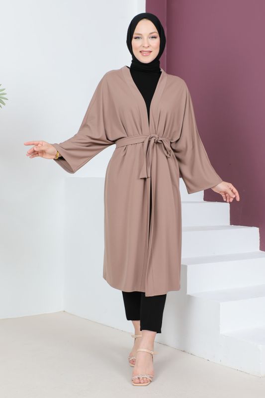 Beli Kuşaklı Kimono TSD230617 Vizon - Tesettür Dünyası