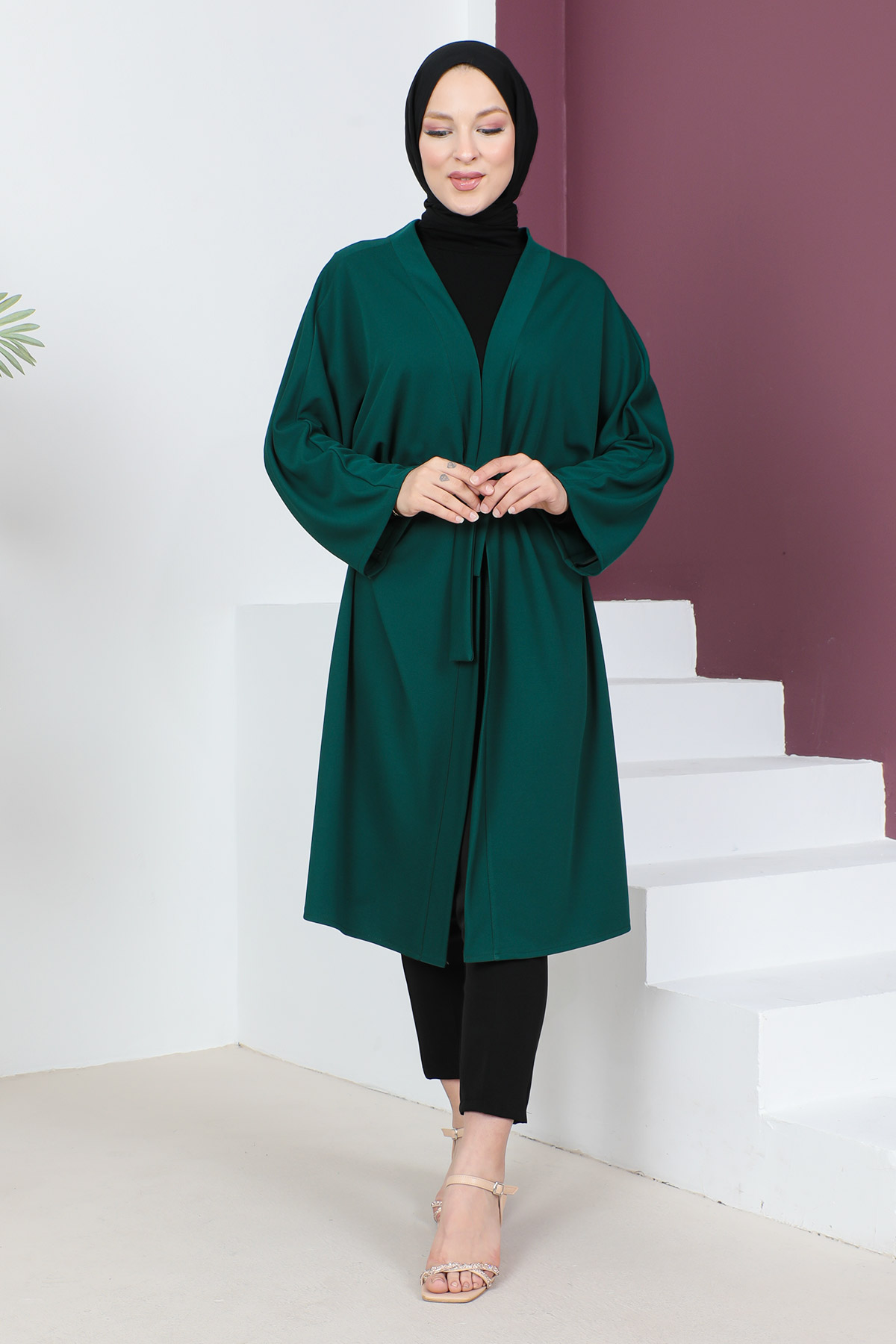 Tesettür Dünyası - Beli Kuşaklı Kimono TSD230617 Zümrüt