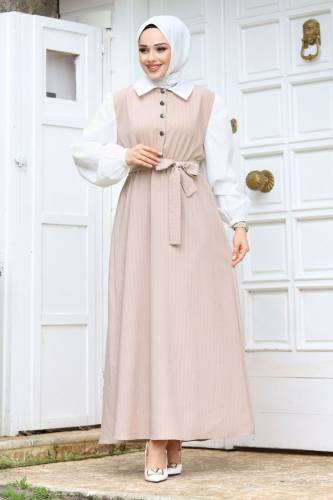 Beli Kuşaklı Önden Yarım Düğmeli Tesettür Elbise TSD240249 Bej 