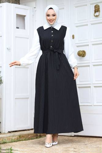 Beli Kuşaklı Önden Yarım Düğmeli Tesettür Elbise TSD240249 Siyah 