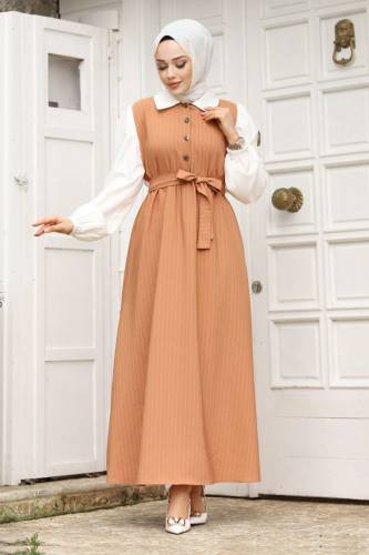Beli Kuşaklı Önden Yarım Düğmeli Tesettür Elbise TSD240249 Taba 