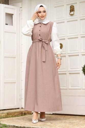 Beli Kuşaklı Önden Yarım Düğmeli Tesettür Elbise TSD240249 Vizon 