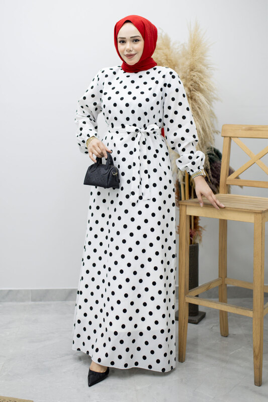 Beli Kuşaklı Puantiyeli Elbise TSD260206 Beyaz - 3