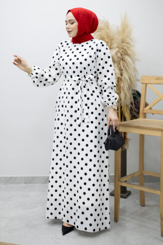 Beli Kuşaklı Puantiyeli Elbise TSD260206 Beyaz 