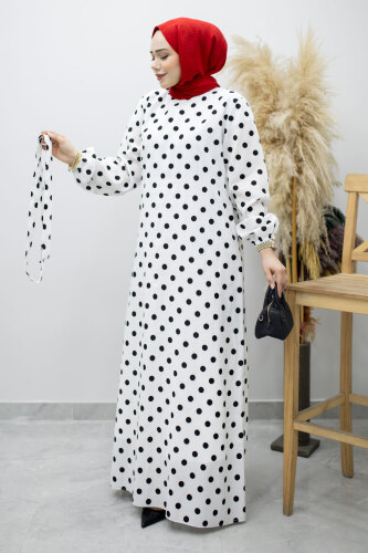 Beli Kuşaklı Puantiyeli Elbise TSD260206 Beyaz - 5