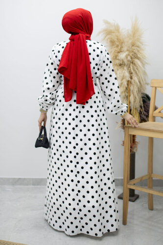 Beli Kuşaklı Puantiyeli Elbise TSD260206 Beyaz - 6