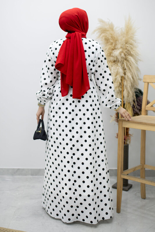 Beli Kuşaklı Puantiyeli Elbise TSD260206 Beyaz - 6