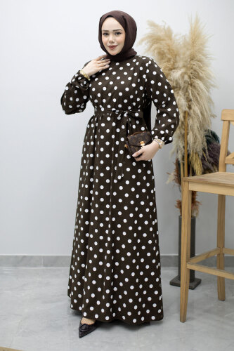 Beli Kuşaklı Puantiyeli Elbise TSD260206 Kahverengi - 1