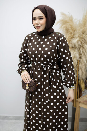 Beli Kuşaklı Puantiyeli Elbise TSD260206 Kahverengi - 2