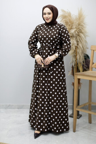 Beli Kuşaklı Puantiyeli Elbise TSD260206 Kahverengi - 3