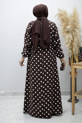 Beli Kuşaklı Puantiyeli Elbise TSD260206 Kahverengi - 5