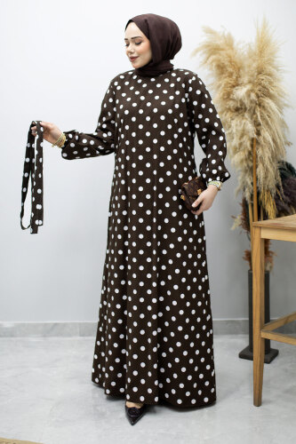 Beli Kuşaklı Puantiyeli Elbise TSD260206 Kahverengi - 6