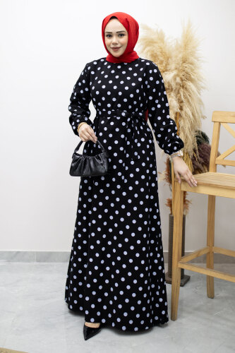 Beli Kuşaklı Puantiyeli Elbise TSD260206 Siyah 