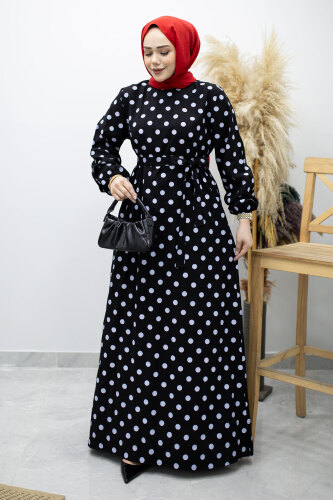 Beli Kuşaklı Puantiyeli Elbise TSD260206 Siyah - 3