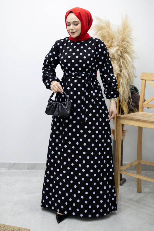 Beli Kuşaklı Puantiyeli Elbise TSD260206 Siyah - 3