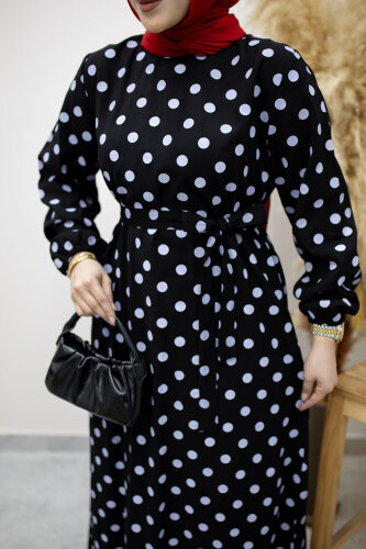 Beli Kuşaklı Puantiyeli Elbise TSD260206 Siyah - 4