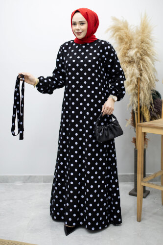 Beli Kuşaklı Puantiyeli Elbise TSD260206 Siyah - 5