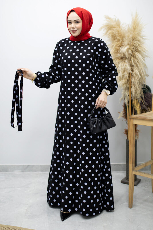 Beli Kuşaklı Puantiyeli Elbise TSD260206 Siyah - 5