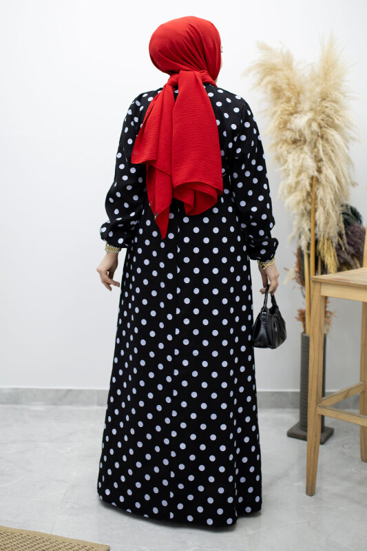 Beli Kuşaklı Puantiyeli Elbise TSD260206 Siyah - 6