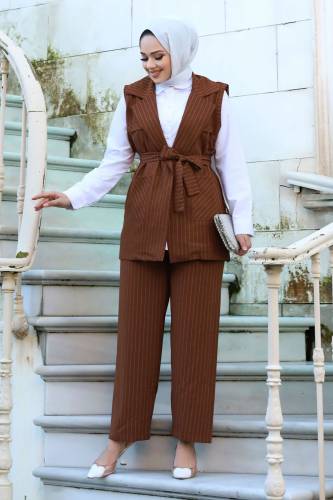 Beli Kuşaklı Yelekli Çizgili Takım TSD240102 Kahverengi 