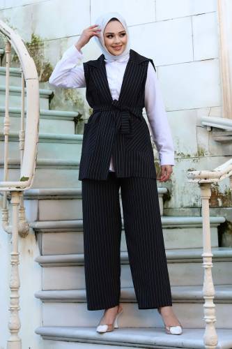 Beli Kuşaklı Yelekli Çizgili Takım TSD240102 Siyah 