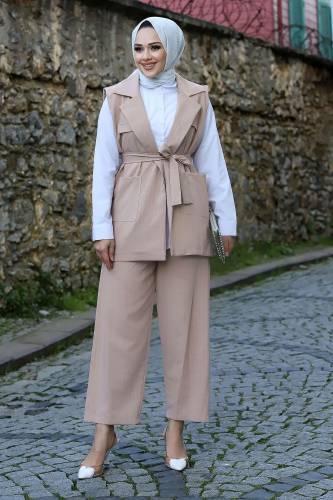 Beli Kuşaklı Yelekli Çizgili Takım TSD240102 Vizon - 1