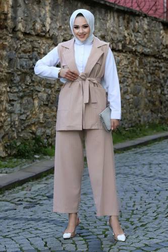 Beli Kuşaklı Yelekli Çizgili Takım TSD240102 Vizon - 3