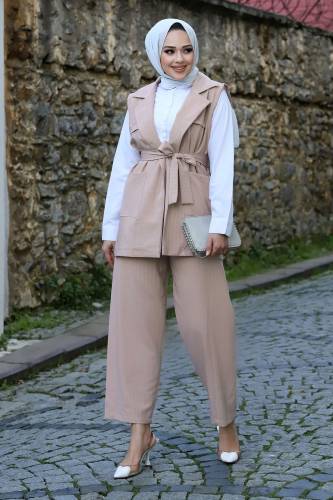 Beli Kuşaklı Yelekli Çizgili Takım TSD240102 Vizon - 4