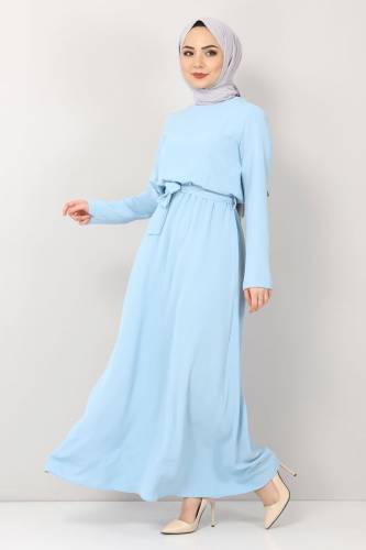 Tesettür Dünyası - Beli Lastikli Ayrobin Elbise TSD5521 Bebe Mavisi (1)