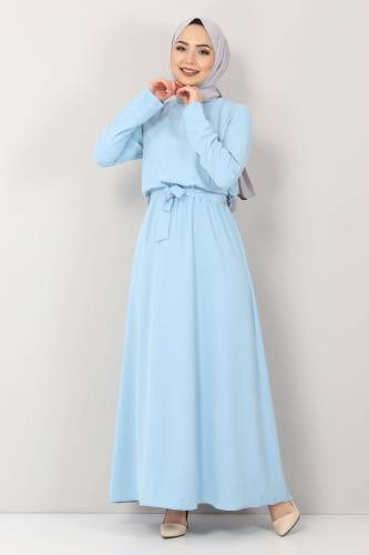 Tesettür Dünyası - Beli Lastikli Ayrobin Elbise TSD5521 Bebe Mavisi
