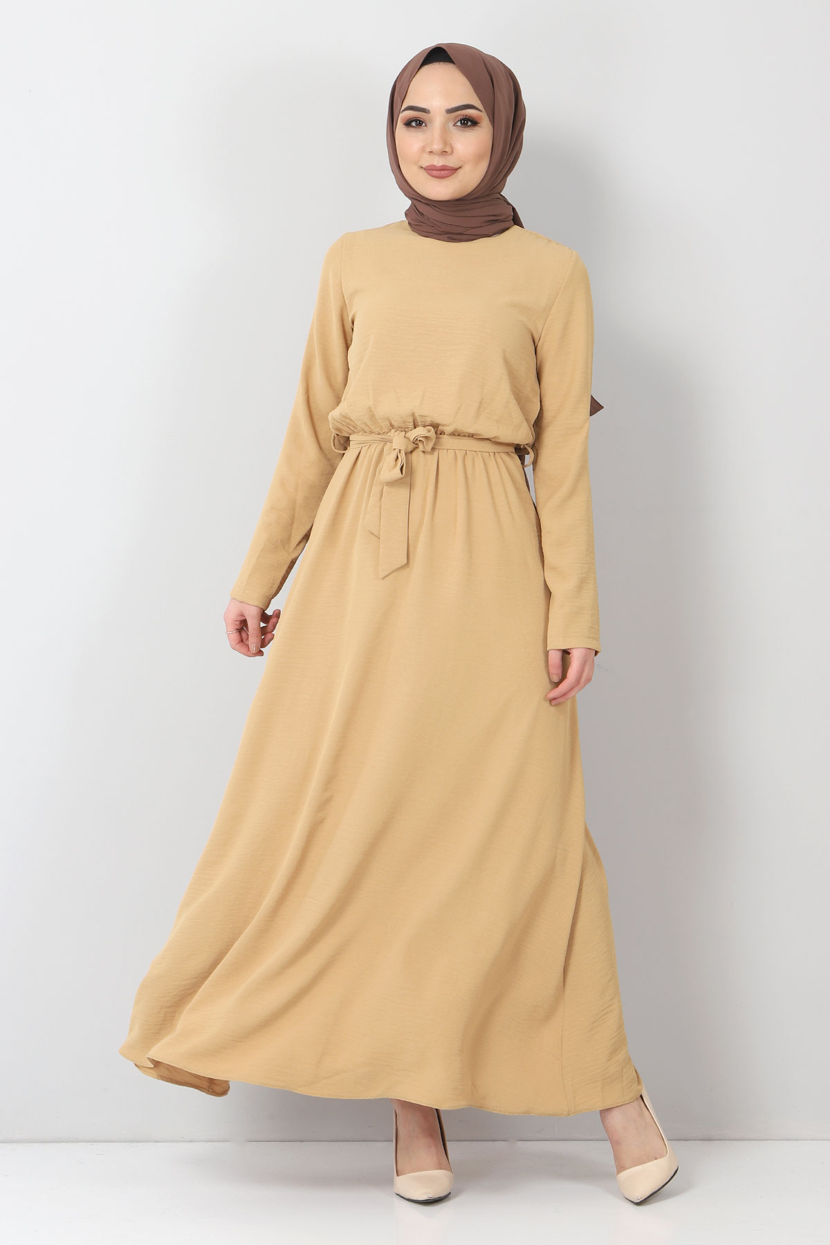 Tesettür Dünyası - Elastic Waist Ayrobin Dress TSD5521 Light Brown