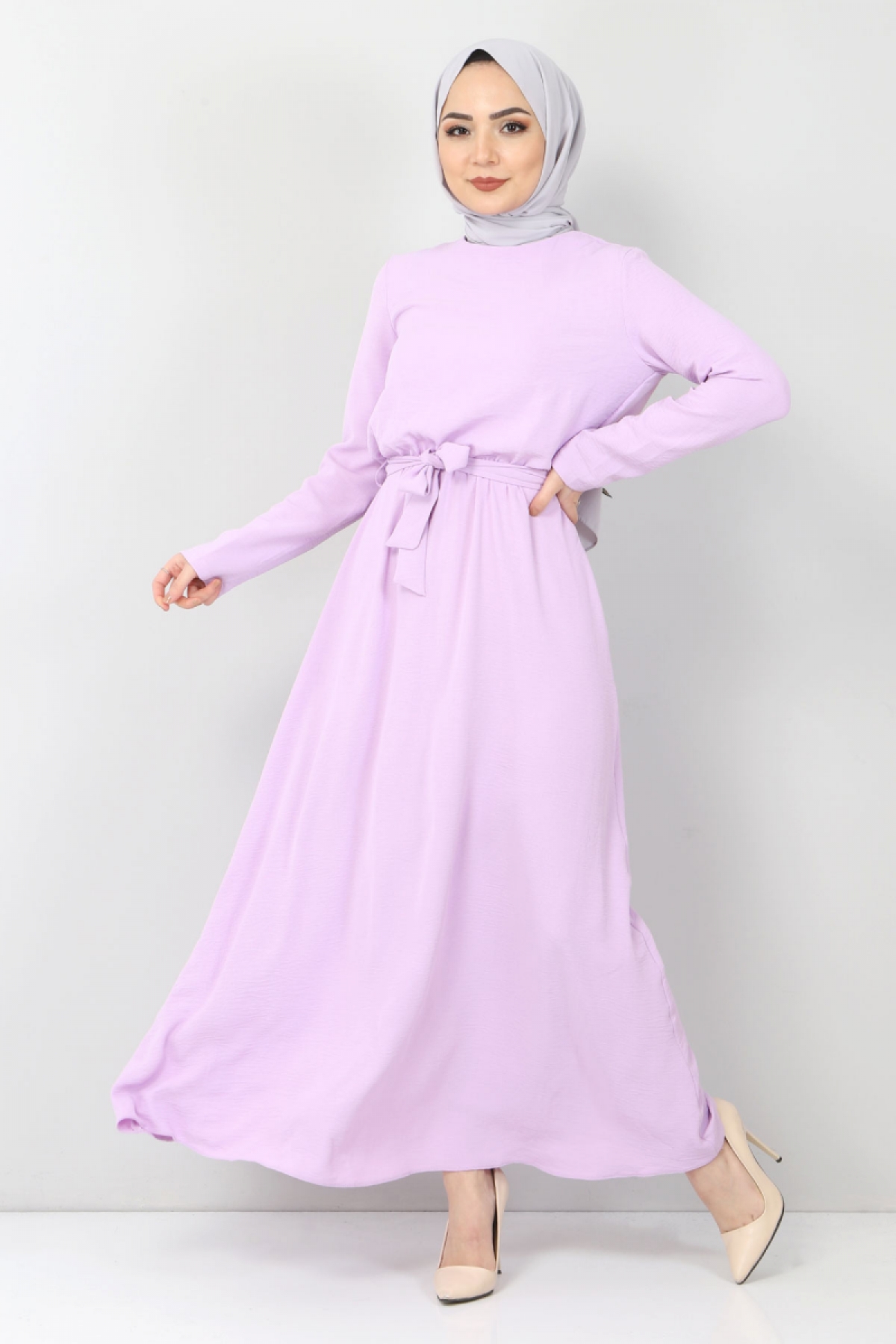 Tesettür Dünyası - Beli Lastikli Ayrobin Elbise TSD5521 Lila