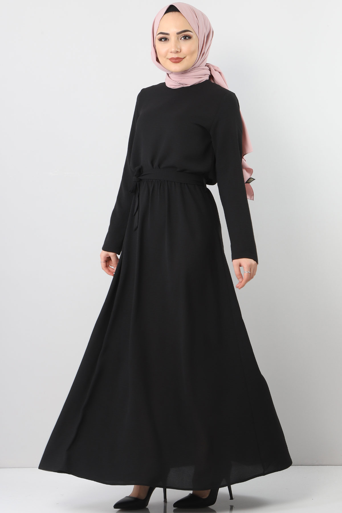 Tesettür Dünyası - Beli Lastikli Ayrobin Elbise TSD5521 Siyah