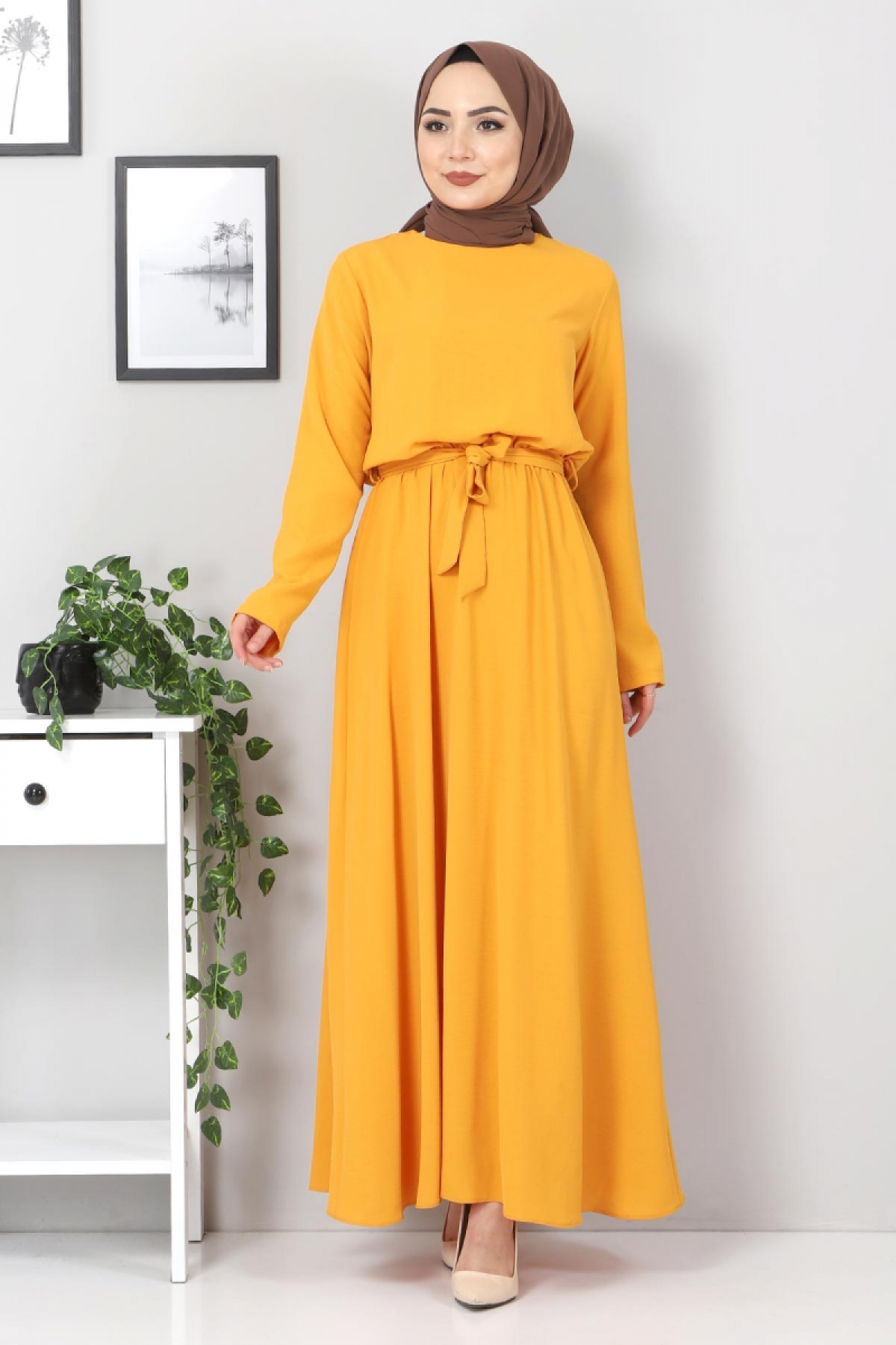 Tesettür Dünyası - فستان بخصر مطاطي TSD5522 لون أصفر داكن