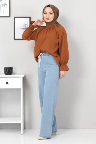 Beli Lastikli Bol Paça Kot Pantolon TSD22045 Açık Mavi - 3